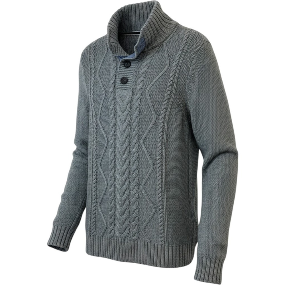 Celio Gray Cable Knit Mock Neck Quarter Button Sweater Men XL Cotton Blend